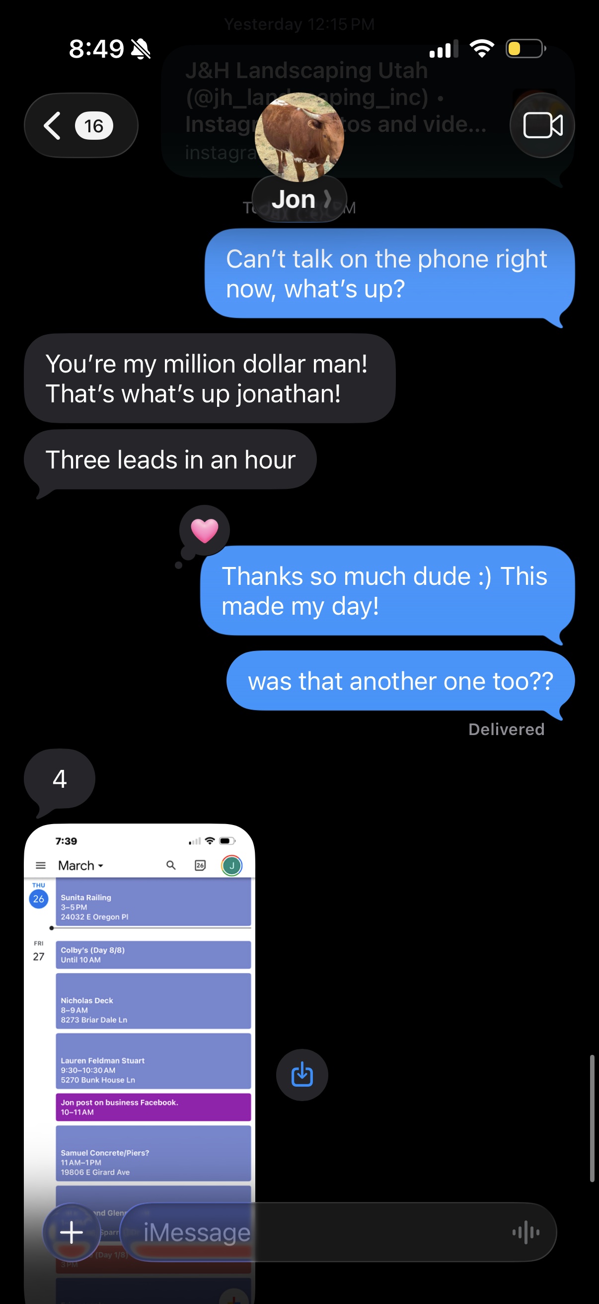 Client text message showing new masonry leads coming in